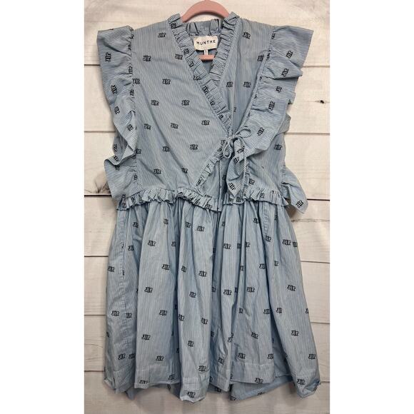 Munthe Dress Size 42 Blue White Stripes Ruffles - Picture 1 of 7